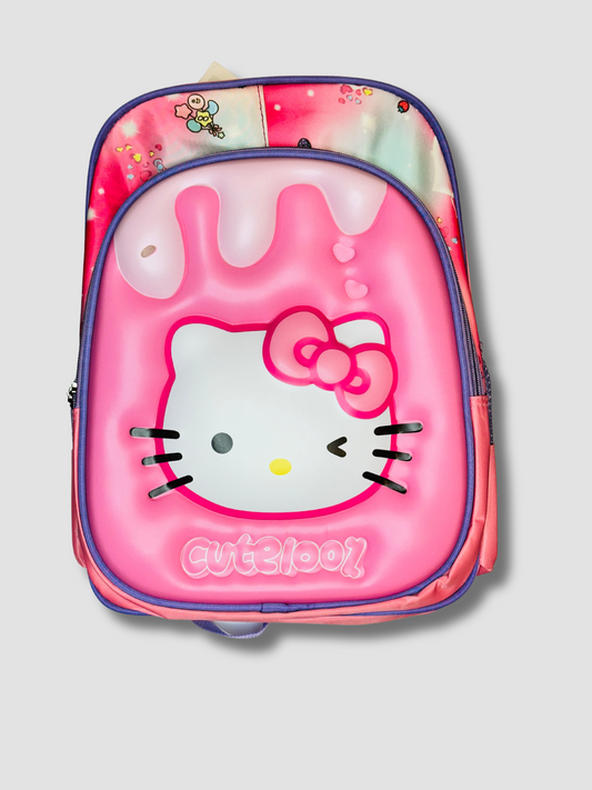 Front view of Cutelooz pink kids backpack with 3D cartoon kitty face design