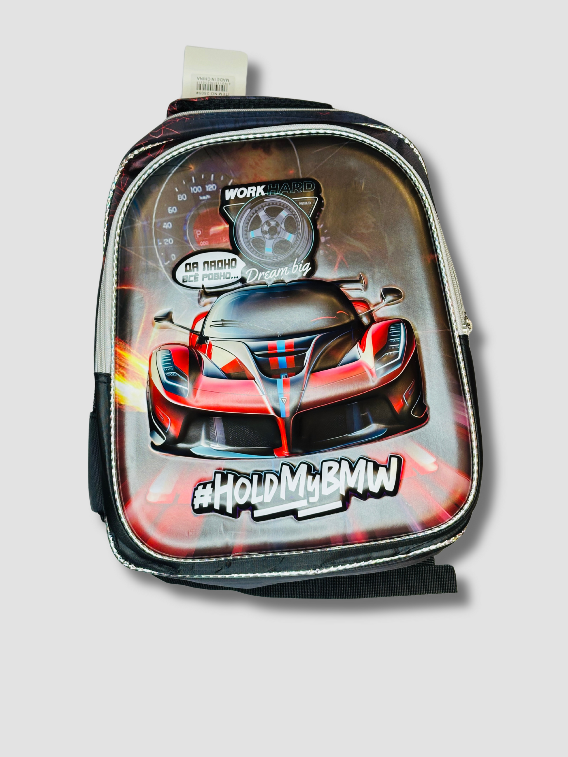 Kids backpack with 3D red racing car design, featuring #HoldMyBMW slogan and speedometer graphics