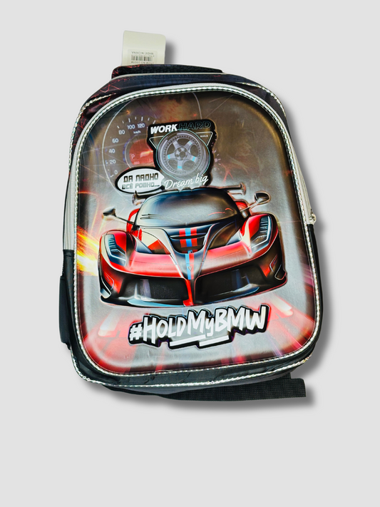 Kids backpack with 3D red racing car design, featuring #HoldMyBMW slogan and speedometer graphics