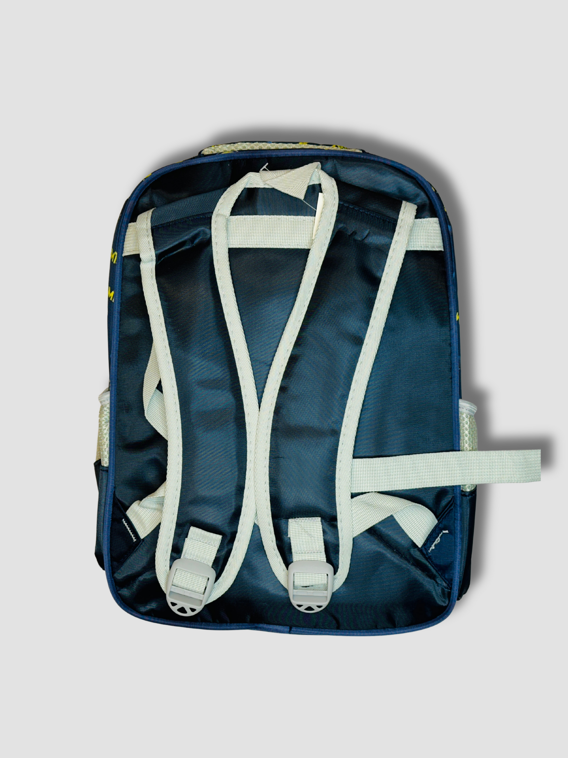 Rear view of kids backpack showing padded adjustable white shoulder straps on dark fabric