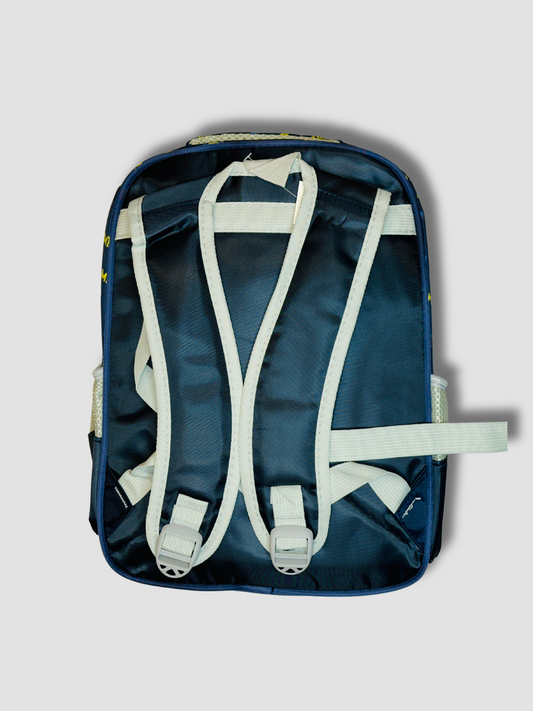 Rear view of kids backpack showing padded adjustable white shoulder straps on dark fabric