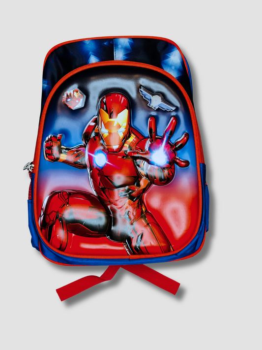 Front of Iron Man-themed kids backpack with bold 3D superhero design and glowing effect