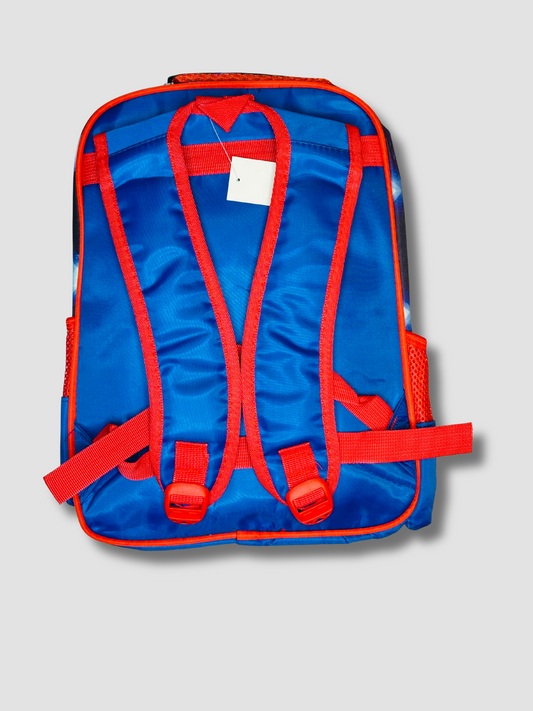 Back of the kids backpack in blue with red adjustable padded shoulder straps and hanging loop