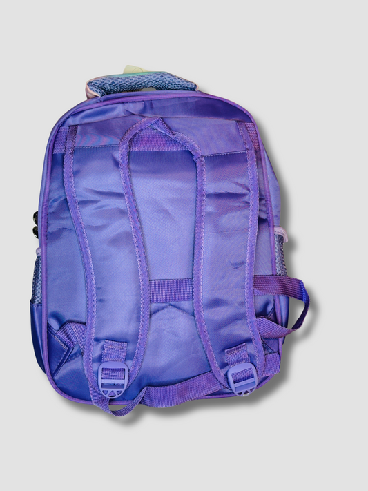 Back view of princess backpack showing purple padded straps and handle