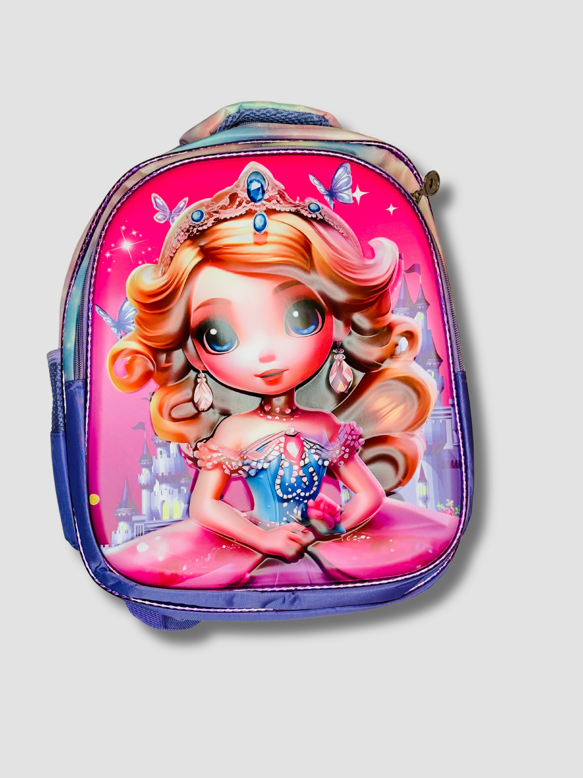 Front view of princess backpack featuring a 3D cartoon princess and castle design with pink and purple tones