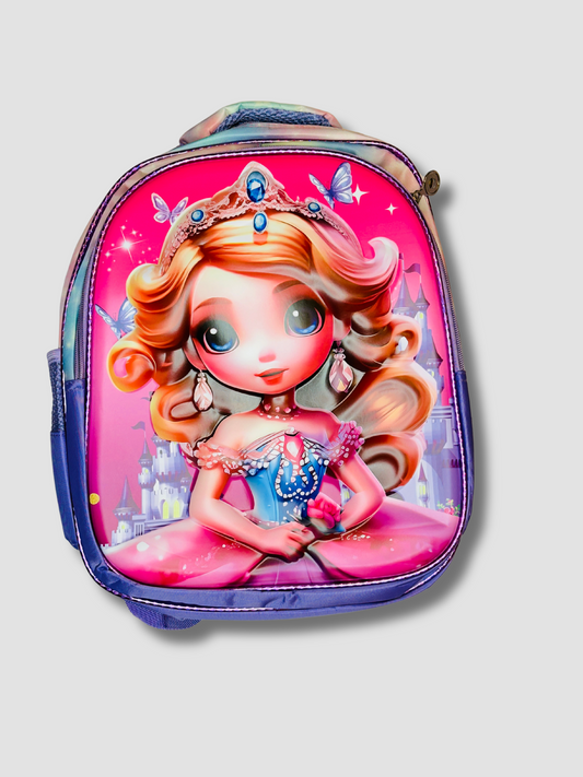 Front view of princess backpack featuring a 3D cartoon princess and castle design with pink and purple tones