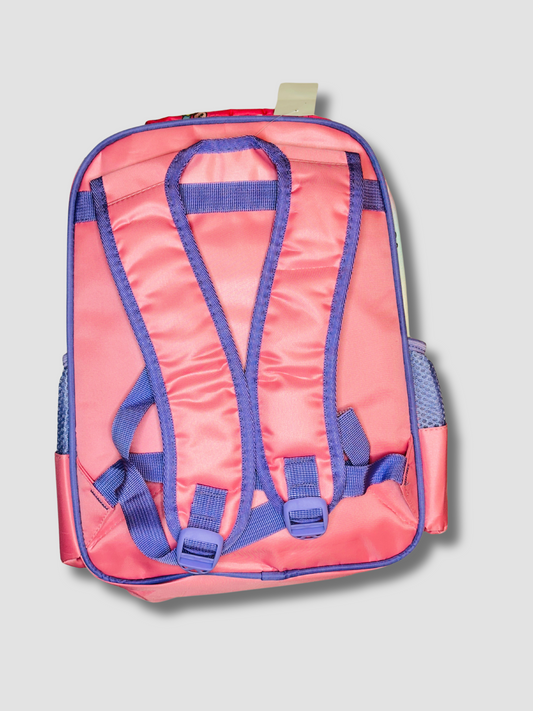 Back view showing padded shoulder straps and handle of the pink kids backpack