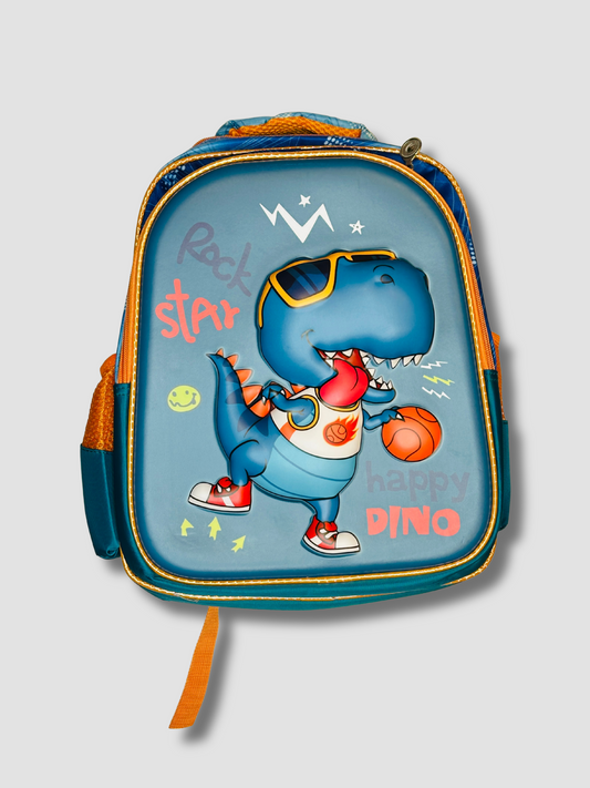 Front view of a kids’ backpack featuring a cartoon dinosaur wearing sunglasses and holding a basketball, with text 'Rock Star' and 'Happy Dino' on a blue background with orange accents.
