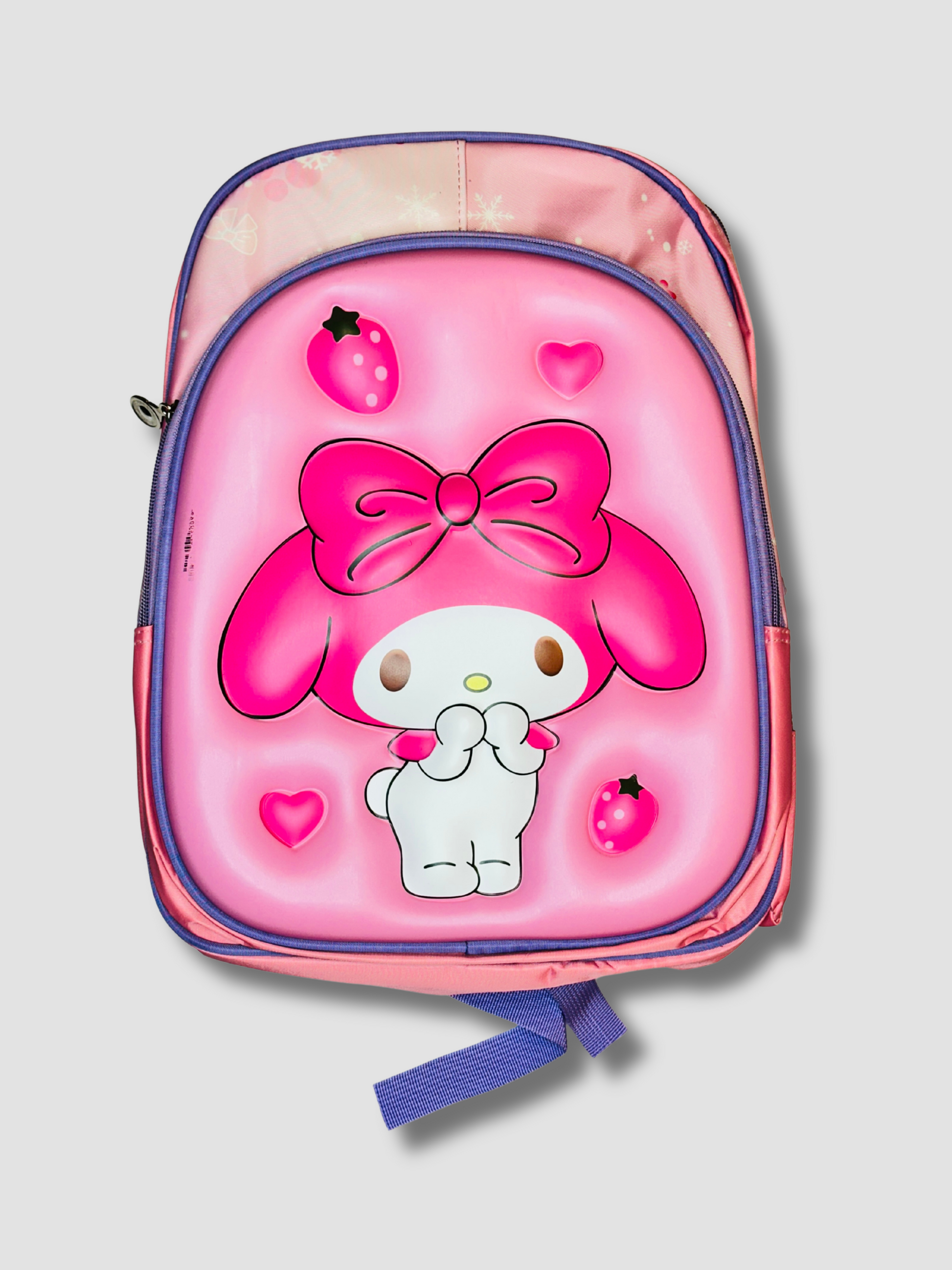 Front view of pink My Melody kids backpack with 3D character design and strawberry graphics

