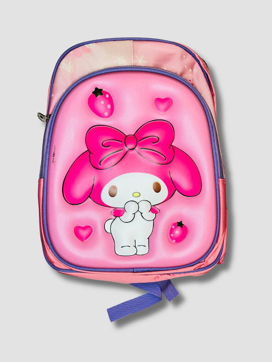 Front view of pink My Melody kids backpack with 3D character design and strawberry graphics

