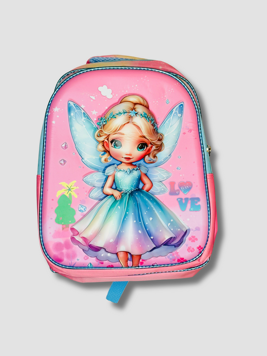 Front view of kids backpack featuring a 3D fairy princess with blue wings and pastel dress on pink background