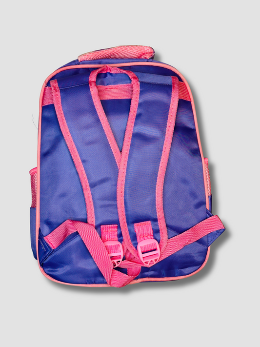 Back view of bright pink kids backpack with adjustable shoulder straps and top carry handle