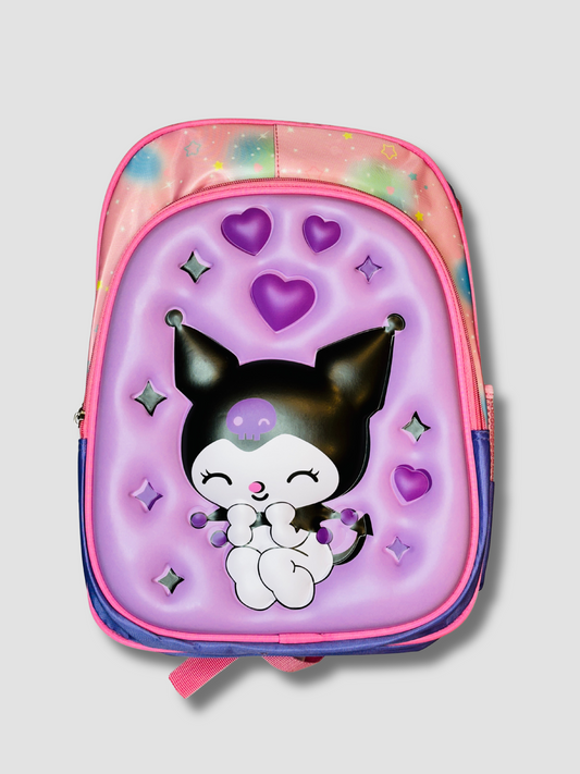 Front view of Kuromi 3D kids backpack with purple background and heart accents