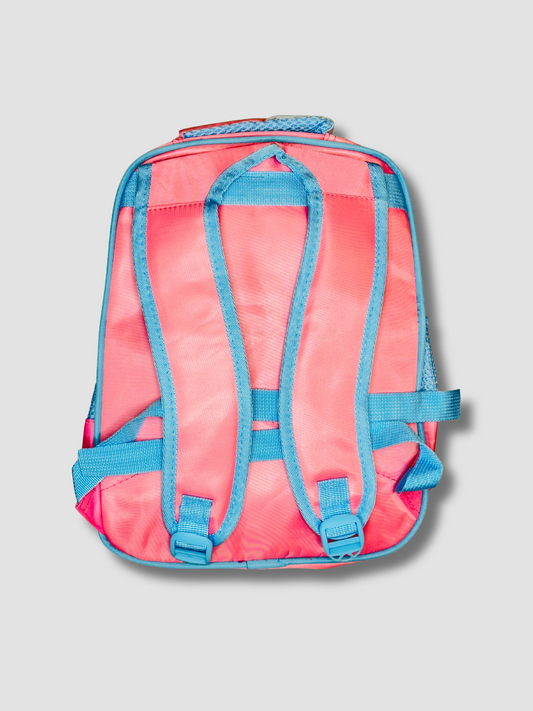 Back view of pink kids backpack showing blue adjustable shoulder straps and carry handle