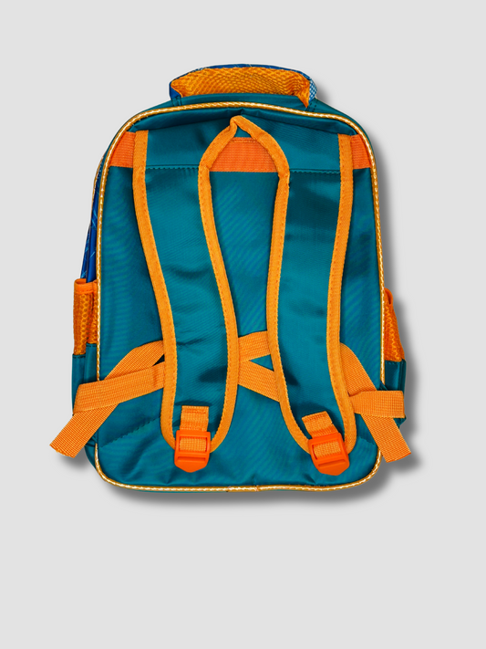 Back view of a kids’ backpack in teal and orange with padded, adjustable shoulder straps and mesh side pockets, designed for comfort and support.