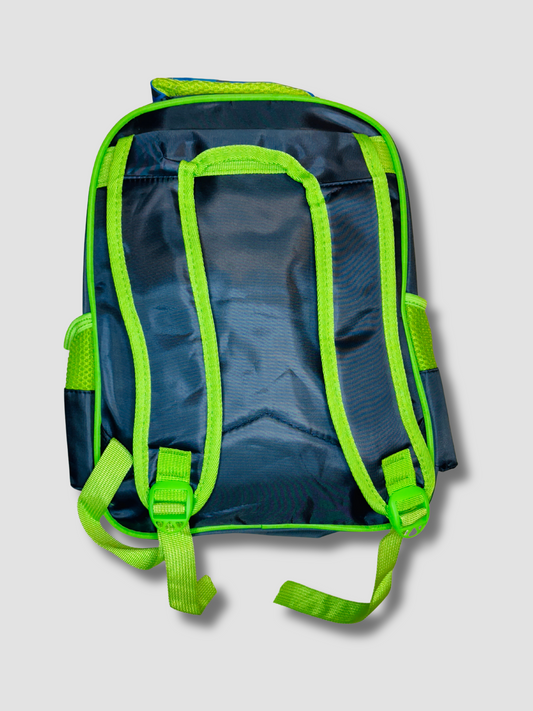 Rear view of the kids’ backpack showing neon green adjustable padded straps and a dark navy blue back panel with mesh padding for comfort.
