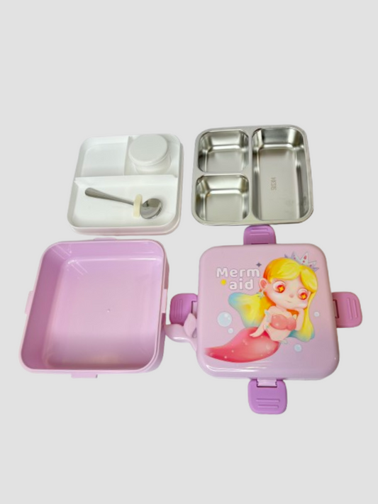Mermaid Lunch Box for Kids – 3 Compartment Stainless Steel Bento with Spoon