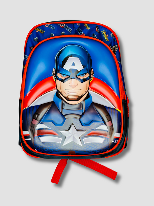 Front view of Marvel Captain America kids backpack with bold 3D superhero design and red trim.