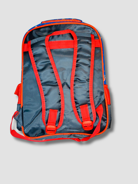 Back view of Captain America kids backpack showing black padded straps with red outlines and breathable material.