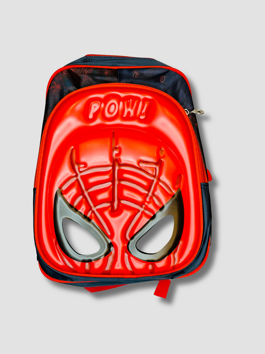 Front view of kids’ superhero backpack with 3D red spider mask design and ‘POW!’ comic-style imprint
