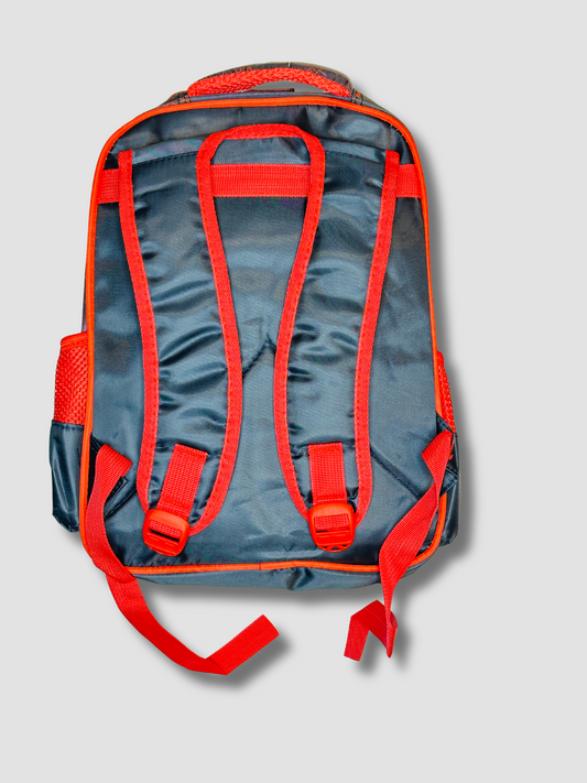 Back view of kids’ superhero backpack showing padded red shoulder straps and black polyester back panel