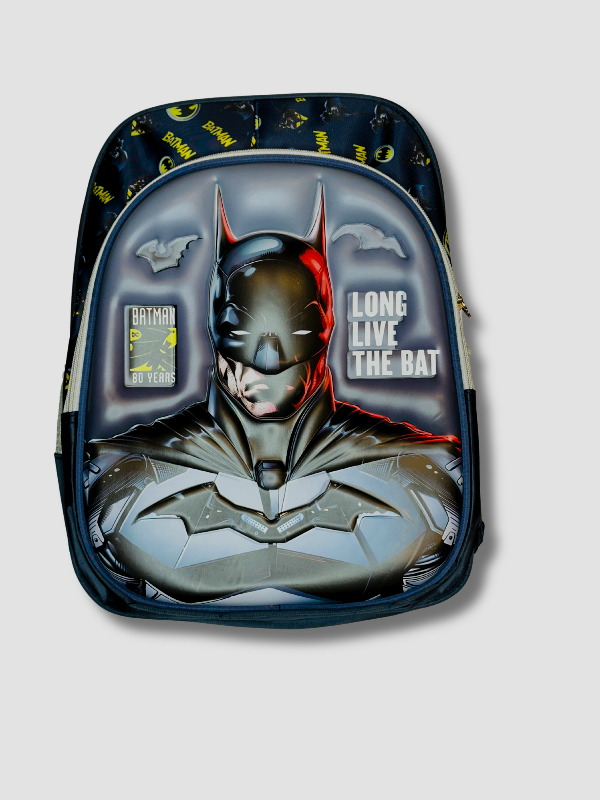 3D Batman kids backpack with “Long Live The Bat” text and molded superhero face design on the front