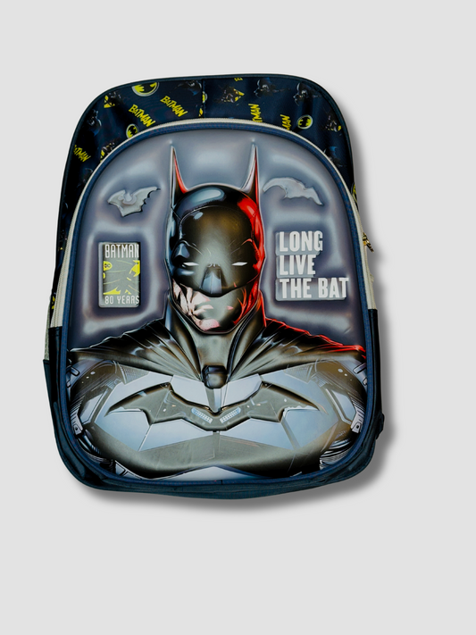 3D Batman kids backpack with “Long Live The Bat” text and molded superhero face design on the front