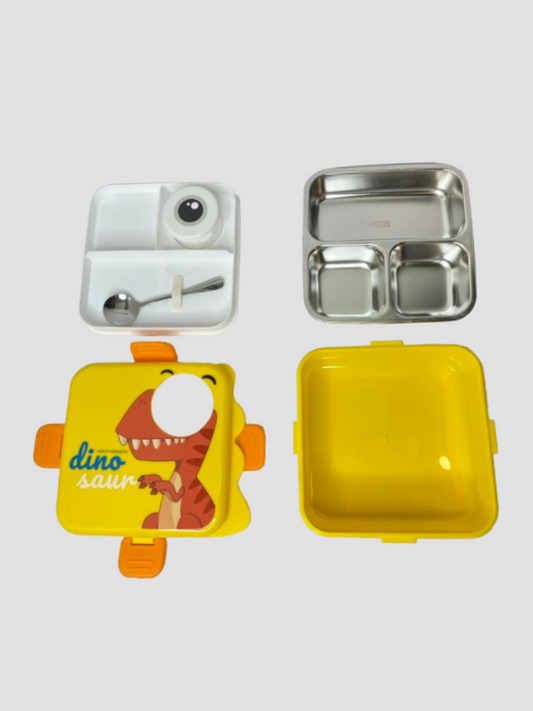 Dinosaur Lunch Box for Kids – 3 Compartment Bento Box with Spoon & Steel Tray